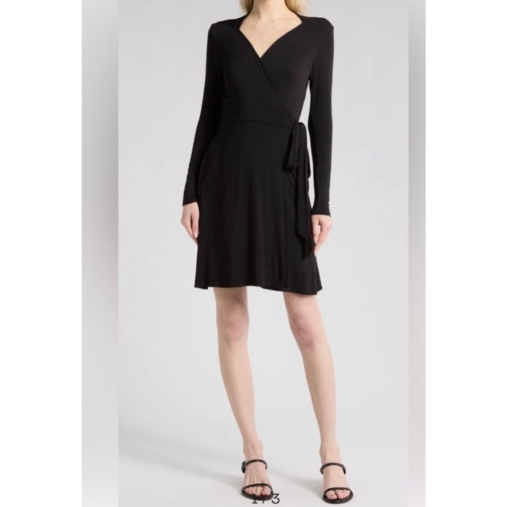 Loveappella Black Wrap Dress XS NWT Long Sleeve Jersey Stretch Tie Waist